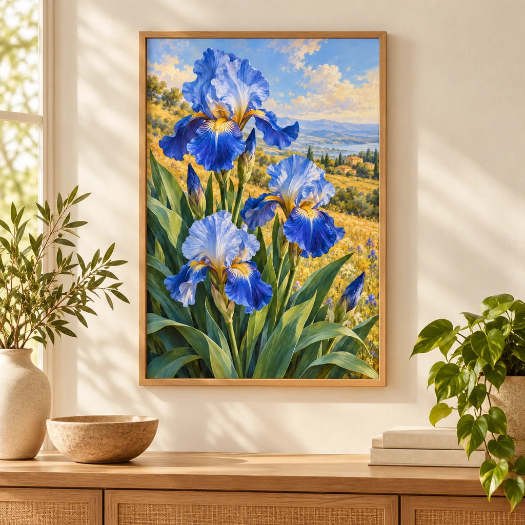 Blue irises among golden field grasses: diamond painting displayed as home wall decor