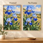 Blue irises among golden field grasses: framed and no-frame style comparison