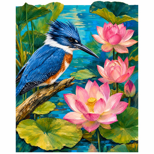 Original artwork for Blue Kingfisher by Lotus Pond Diamond Painting Kit, showing a blue kingfisher among pink lotus blossoms and pond leaves.
