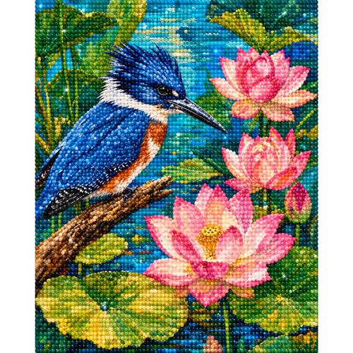 Finished diamond painting of a blue kingfisher among pink lotus blossoms and pond leaves.