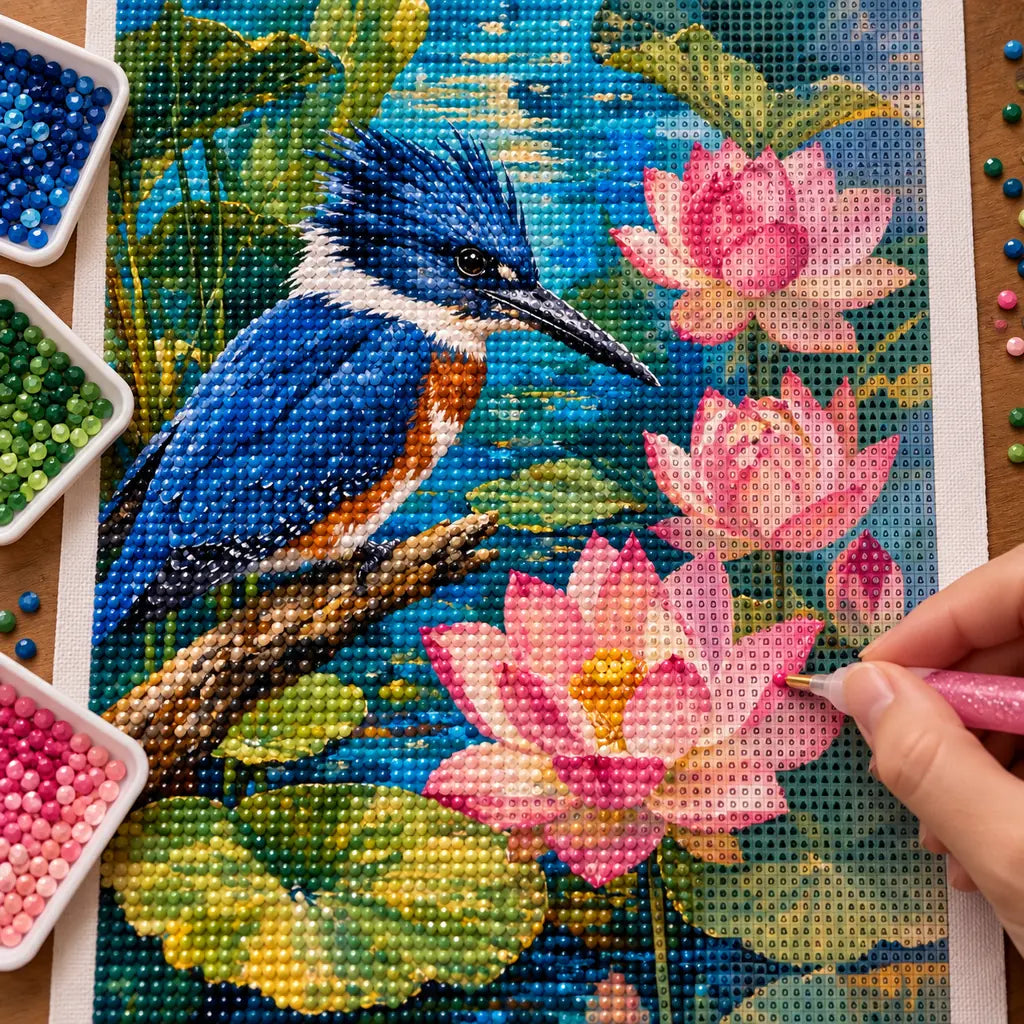 Diamond painting process for Blue Kingfisher by Lotus Pond, with drills being placed over a blue kingfisher among pink lotus blossoms and pond leaves.