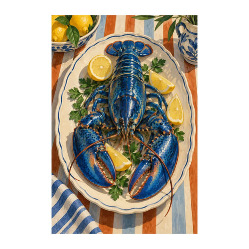 White-background original artwork of blue lobster on a ceramic plate