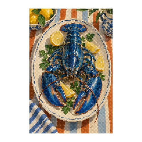 White-background finished diamond painting of blue lobster on a ceramic plate