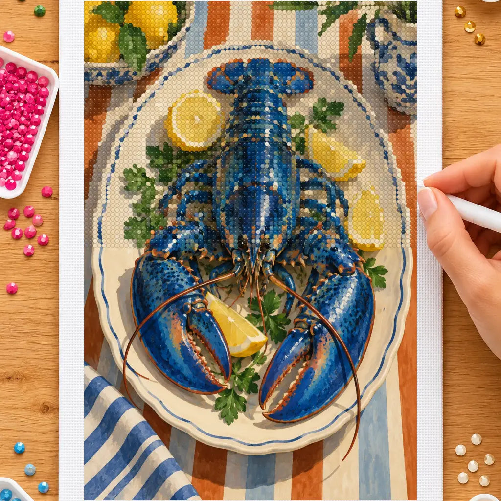 Hands placing drills on the blue lobster on a ceramic plate diamond painting canvas