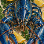 Close-up diamond detail of the blue lobster on a ceramic plate diamond painting