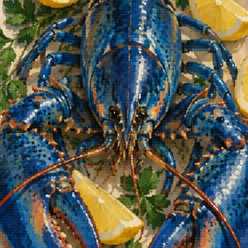 Close-up diamond detail of the blue lobster on a ceramic plate diamond painting