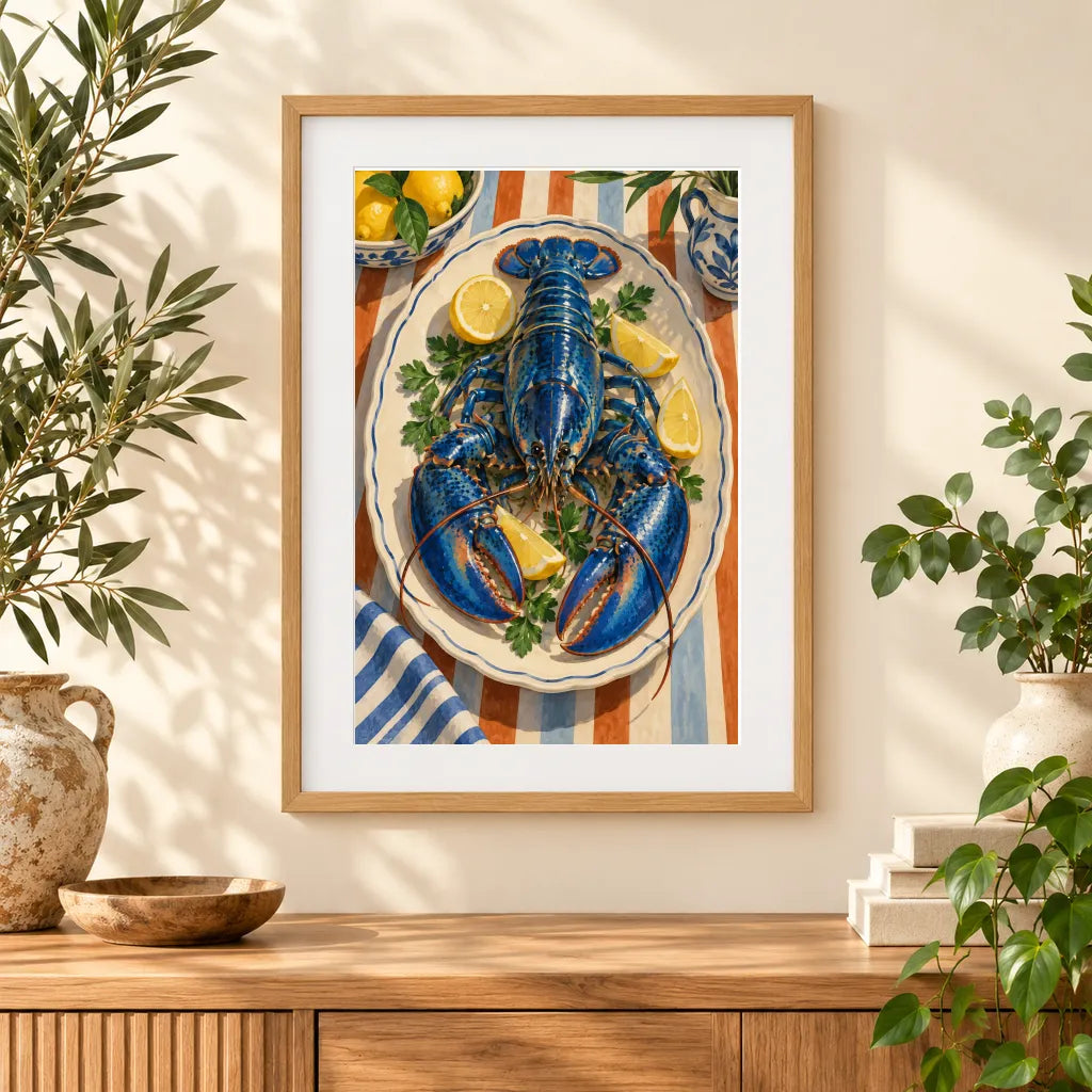 Framed home display of the blue lobster on a ceramic plate diamond painting