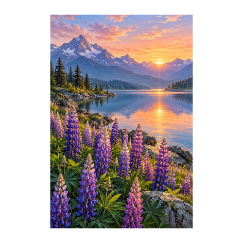 Original artwork of purple wild lupins beside a mountain lake at sunset.