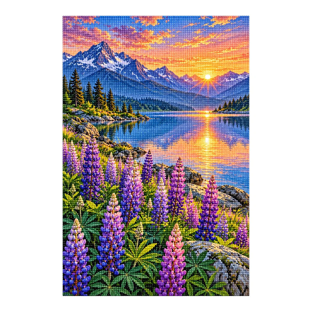 Finished diamond painting of wild lupins and sunset mountains on a white background.