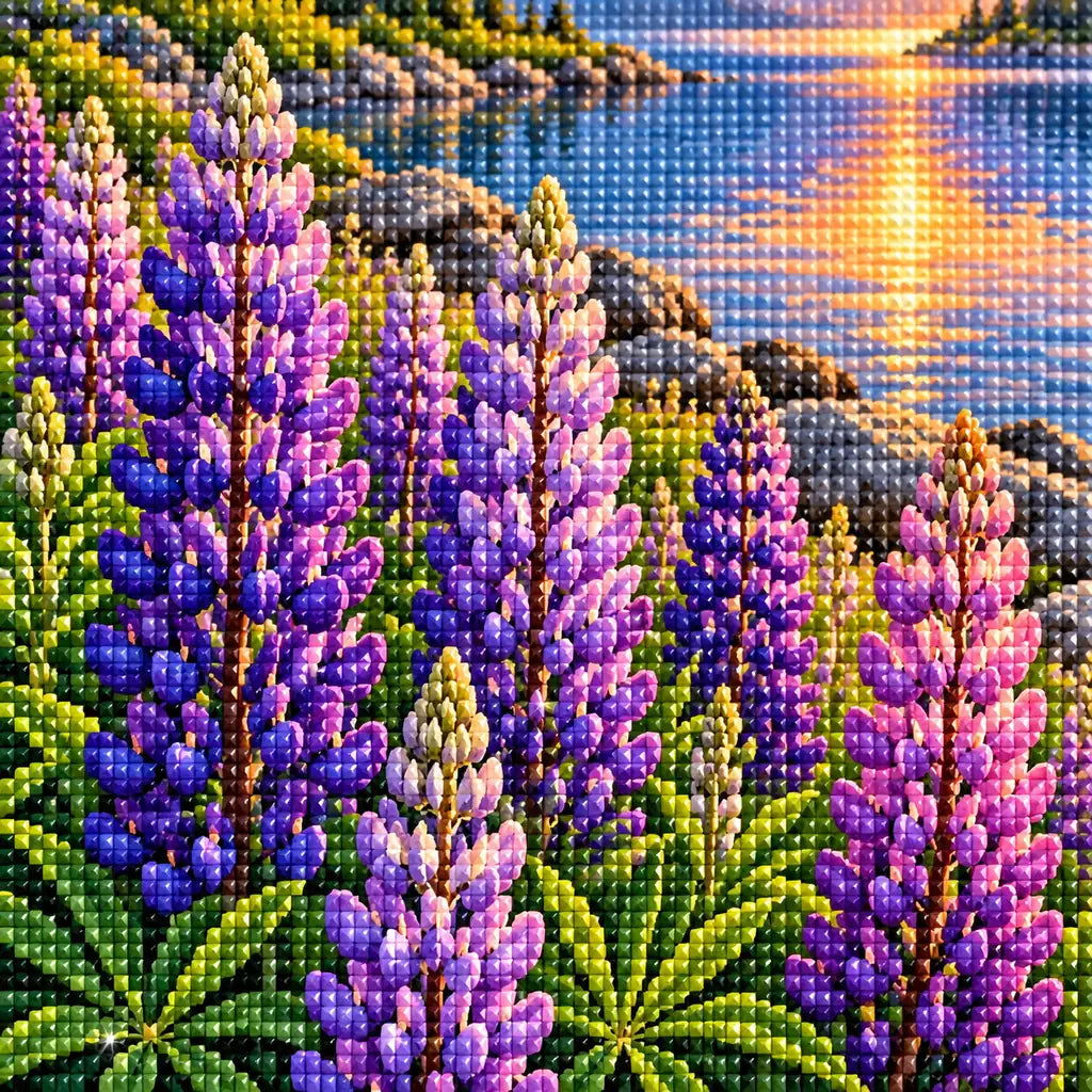 Close-up detail of purple lupin drills beside a reflective alpine lake.