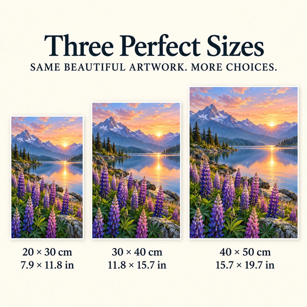 Three available sizes for the mountain wild lupin design: 20 × 30, 30 × 40 and 40 × 50 cm.