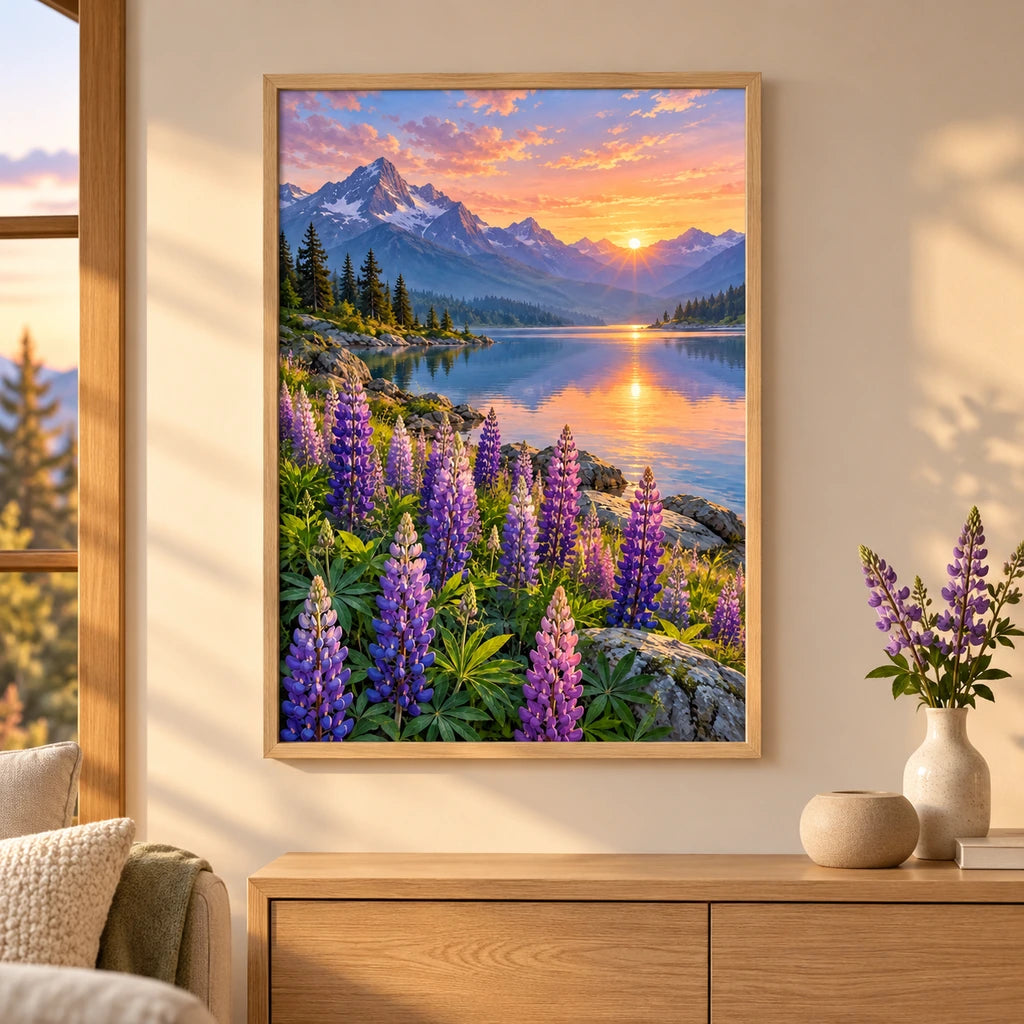 Home decor scene featuring the blue mountain wild lupin diamond painting in a framed display.