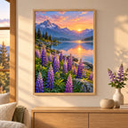 Home decor scene featuring the blue mountain wild lupin diamond painting in a framed display.