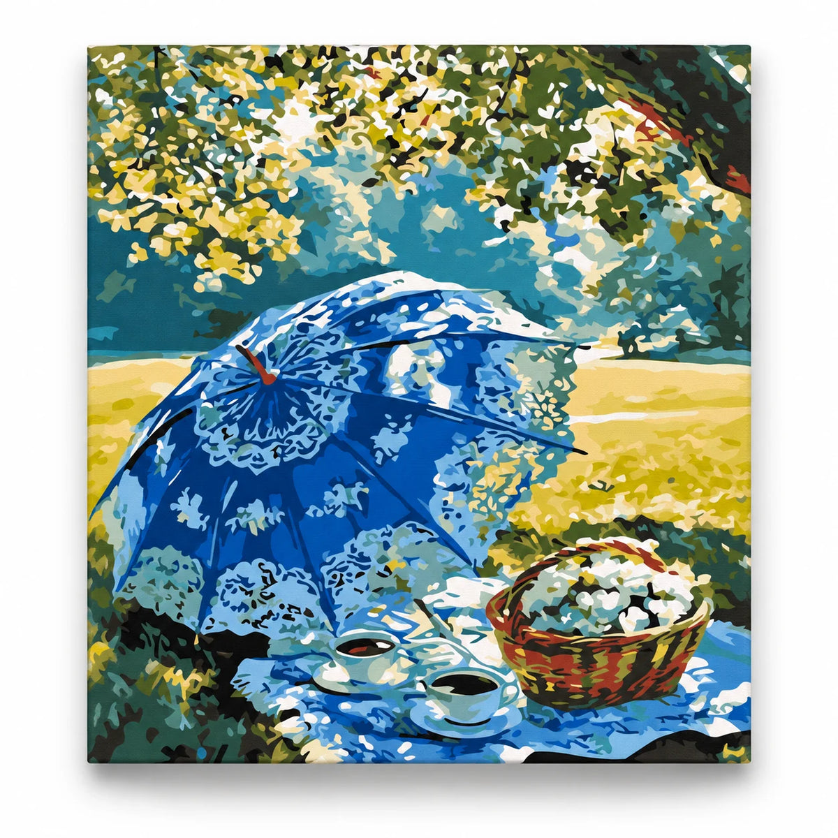 Blue Parasol Picnic paint by numbers artwork on a front-facing canvas against a white background