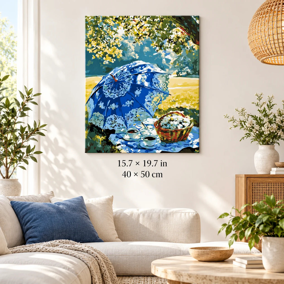 Blue Parasol Picnic shown in a styled room with 15.7 × 19.7 in and 40 × 50 cm dimensions