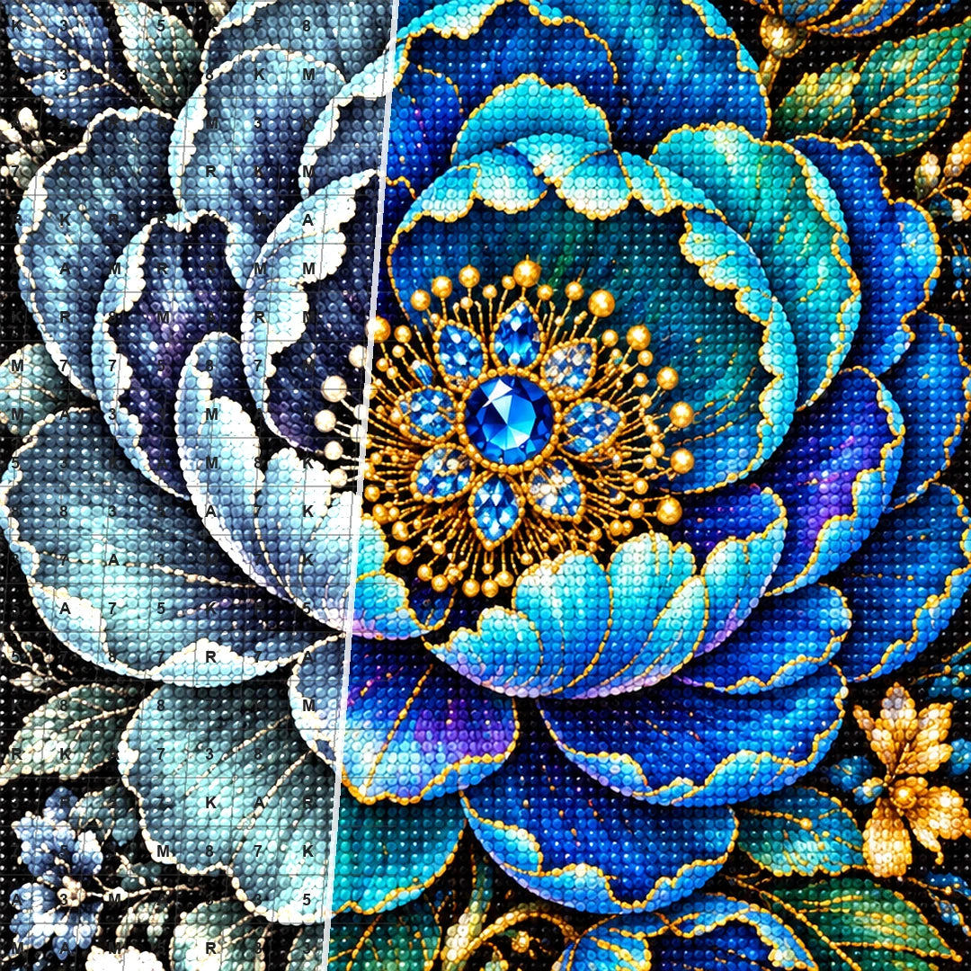 Blue Peony Jewel Bloom Diamond Painting Kit — Diamond and canvas detail