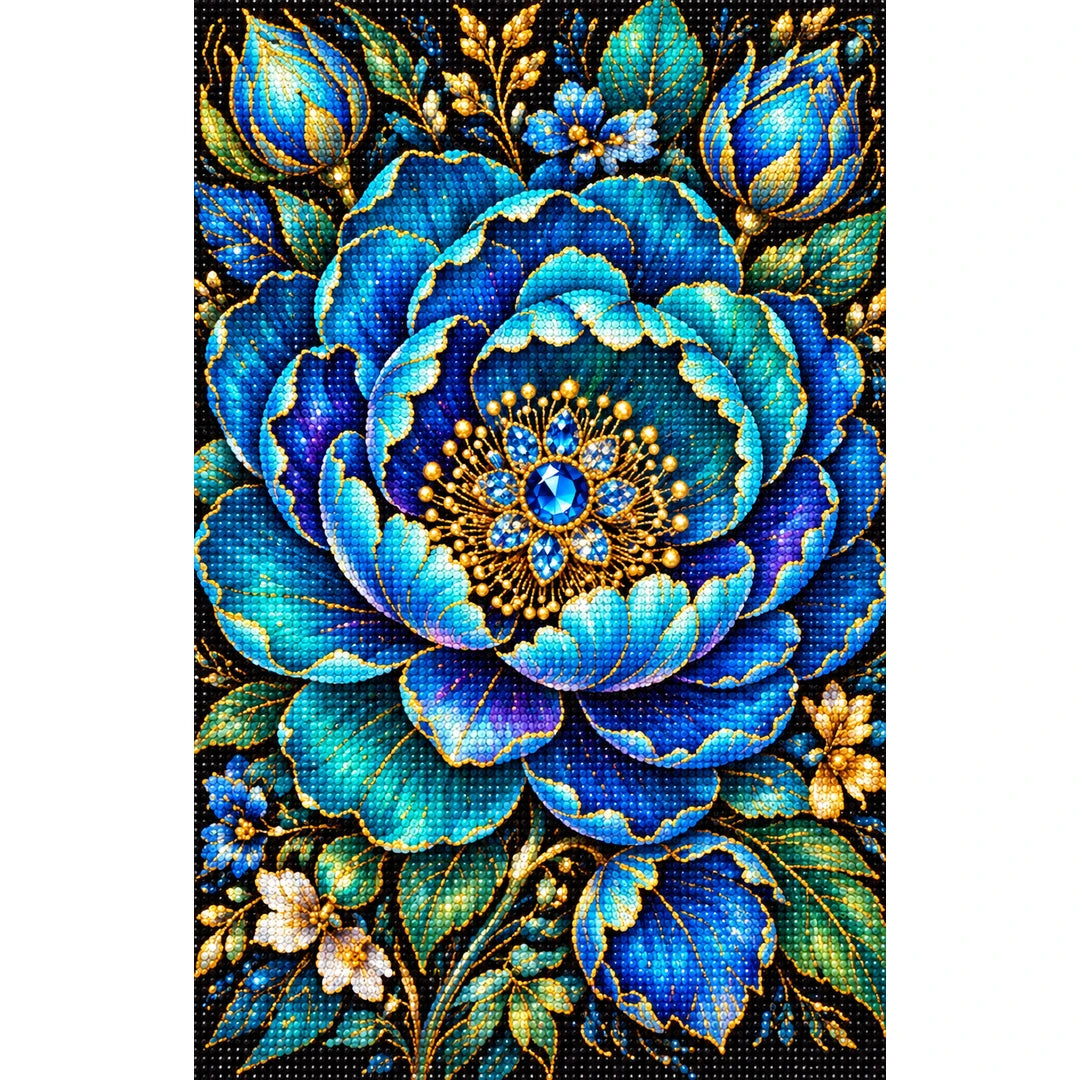 Blue Peony Jewel Bloom Diamond Painting Kit — Finished white-background diamond painting