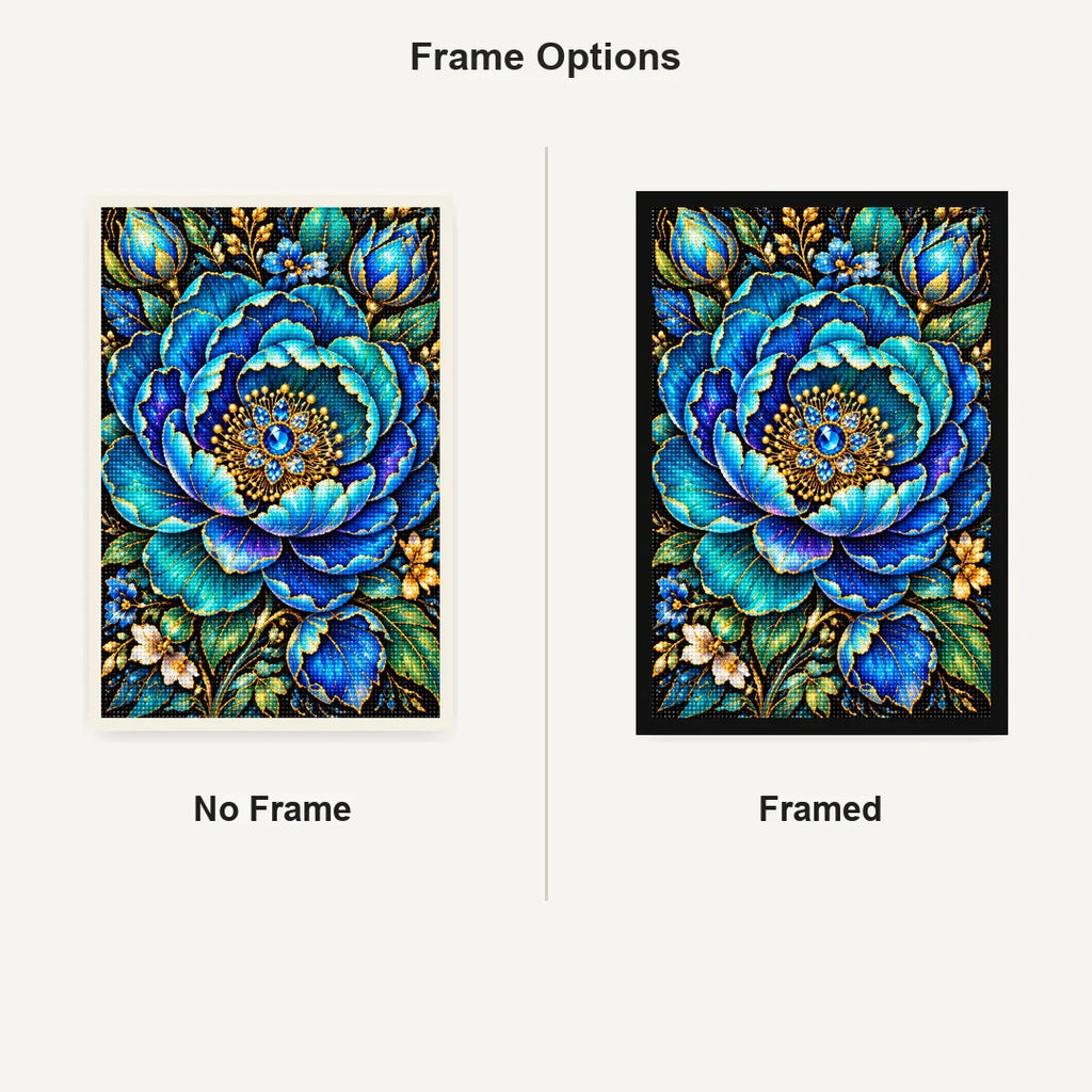 Blue Peony Jewel Bloom Diamond Painting Kit — No Frame and Framed comparison