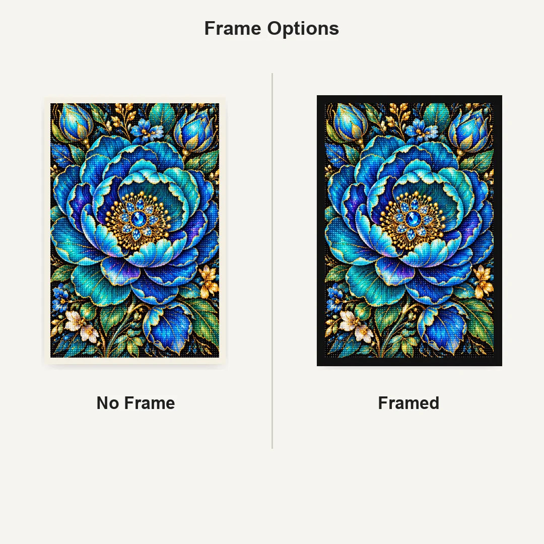 Blue Peony Jewel Bloom Diamond Painting Kit — No Frame and Framed comparison