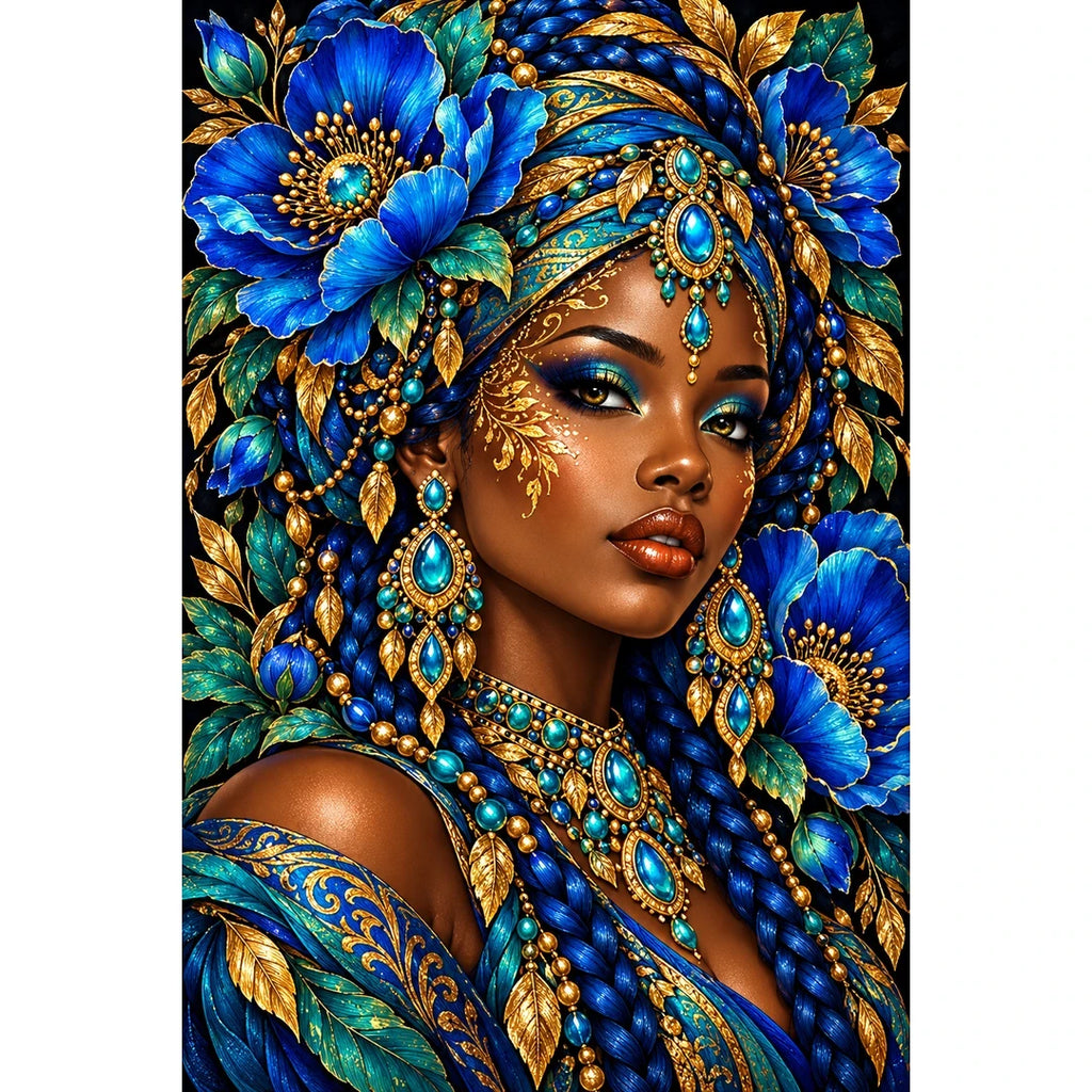 Blue Poppy Queen finished diamond painting on white background