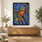 Blue Poppy Queen finished diamond painting in a home interior