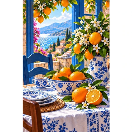Blue Porcelain Orange Still Life — original artwork on a clean white background