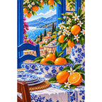 Blue Porcelain Orange Still Life — finished diamond painting on a white background