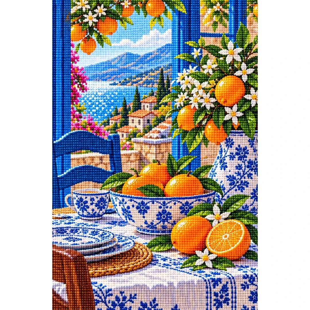 Blue Porcelain Orange Still Life — finished diamond painting on a white background