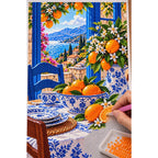 Blue Porcelain Orange Still Life — diamond painting process with applicator pen