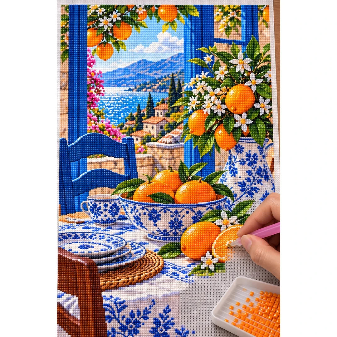Blue Porcelain Orange Still Life — diamond painting process with applicator pen