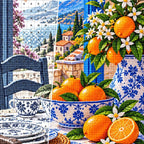 Blue Porcelain Orange Still Life — close-up canvas and resin drill detail