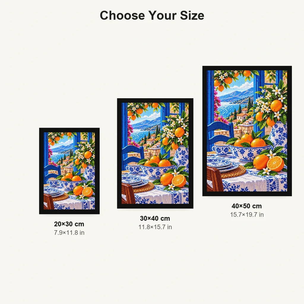Blue Porcelain Orange Still Life — size comparison for 20 × 30, 30 × 40 and 40 × 50 cm