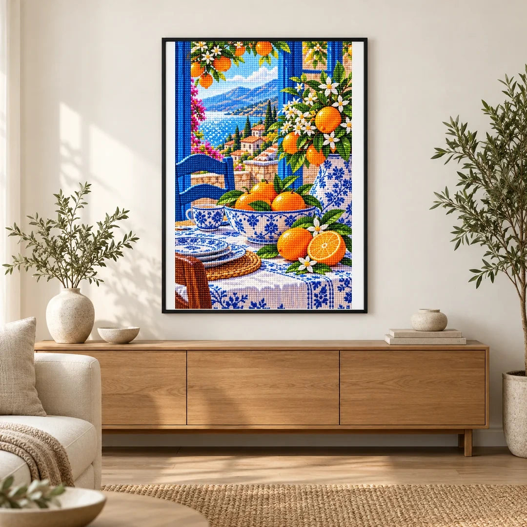 Blue Porcelain Orange Still Life — finished diamond painting displayed in a home interior