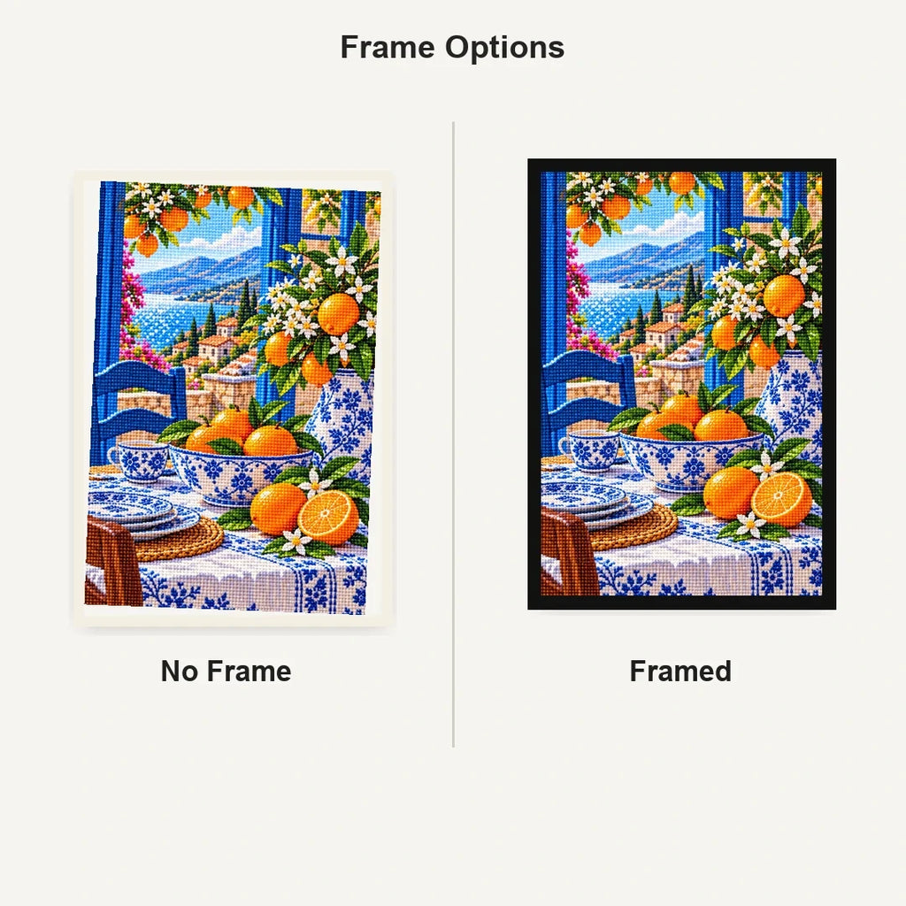 Blue Porcelain Orange Still Life — No Frame and Framed style comparison