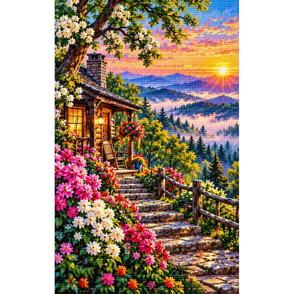 Blue Ridge Mountains Morning Mist finished diamond painting on white