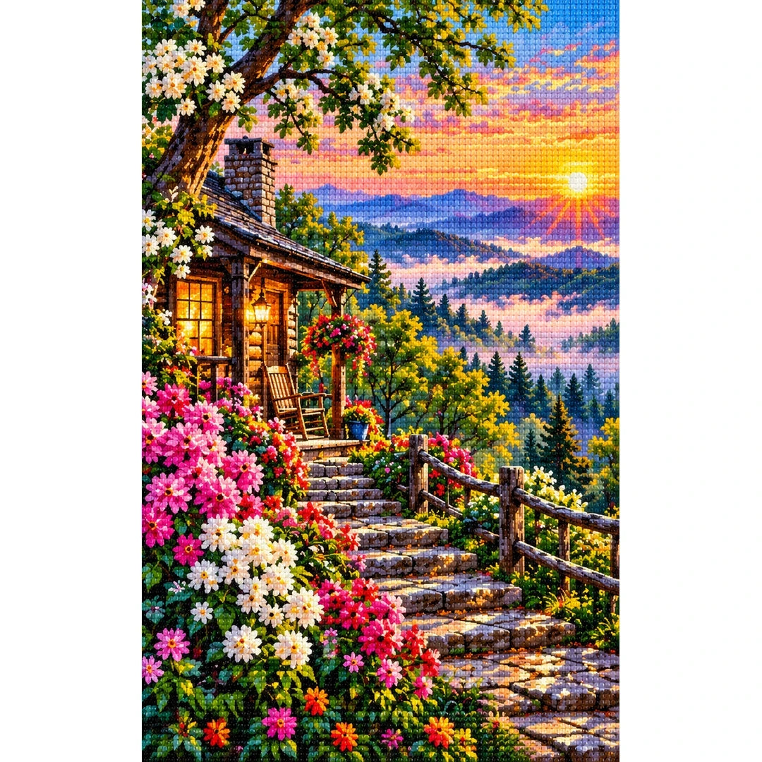 Blue Ridge Mountains Morning Mist finished diamond painting on white