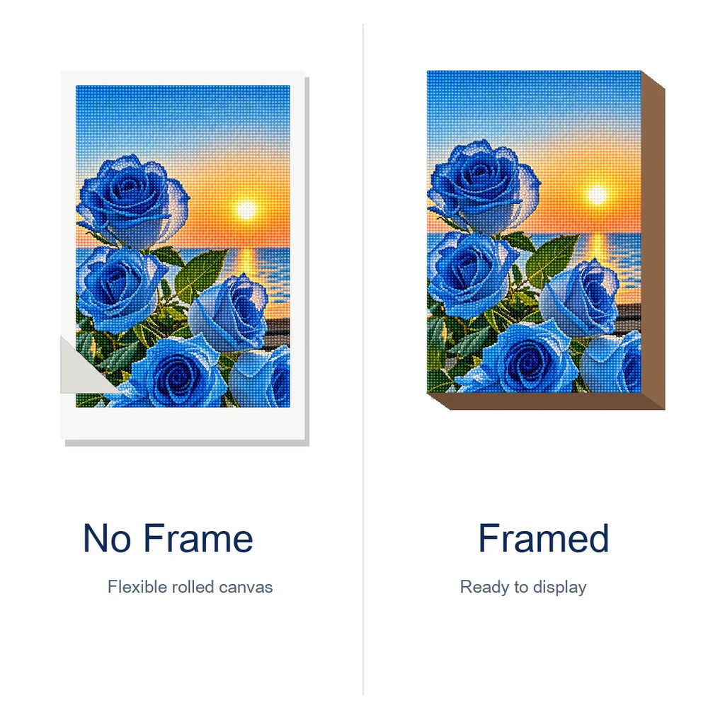 Blue Roses at Sunset Diamond Painting Kit frame view
