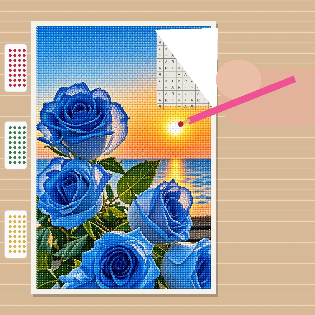 Blue Roses at Sunset Diamond Painting Kit process view