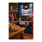 Original illustration of a cozy blue-tiled Christmas kitchen with fruit, bread, and festive window decorations, on a white background