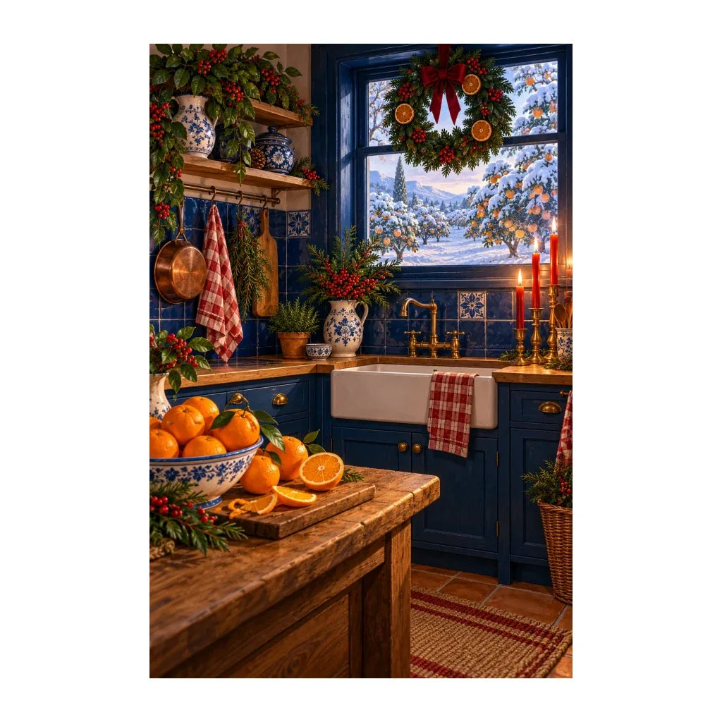 Original illustration of a cozy blue-tiled Christmas kitchen with fruit, bread, and festive window decorations, on a white background