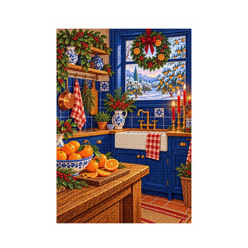 Finished diamond painting of a blue-tiled kitchen decorated for Christmas