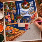 Hand placing diamond drills on the blue-tile Christmas kitchen canvas
