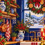 Close-up of diamond drills forming the blue kitchen tiles and Christmas decorations