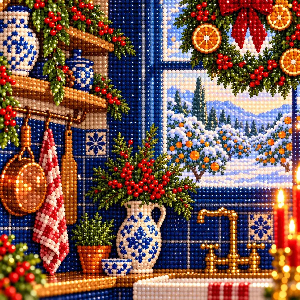 Close-up of diamond drills forming the blue kitchen tiles and Christmas decorations
