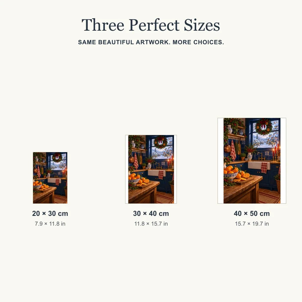 Portrait size guide for the blue-tile Christmas kitchen design: 20 × 30, 30 × 40, and 40 × 50 cm