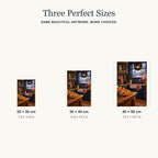 Portrait size guide for the blue-tile Christmas kitchen design: 20 × 30, 30 × 40, and 40 × 50 cm