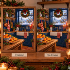 Framed blue-tile Christmas kitchen diamond painting displayed in a warm home interior