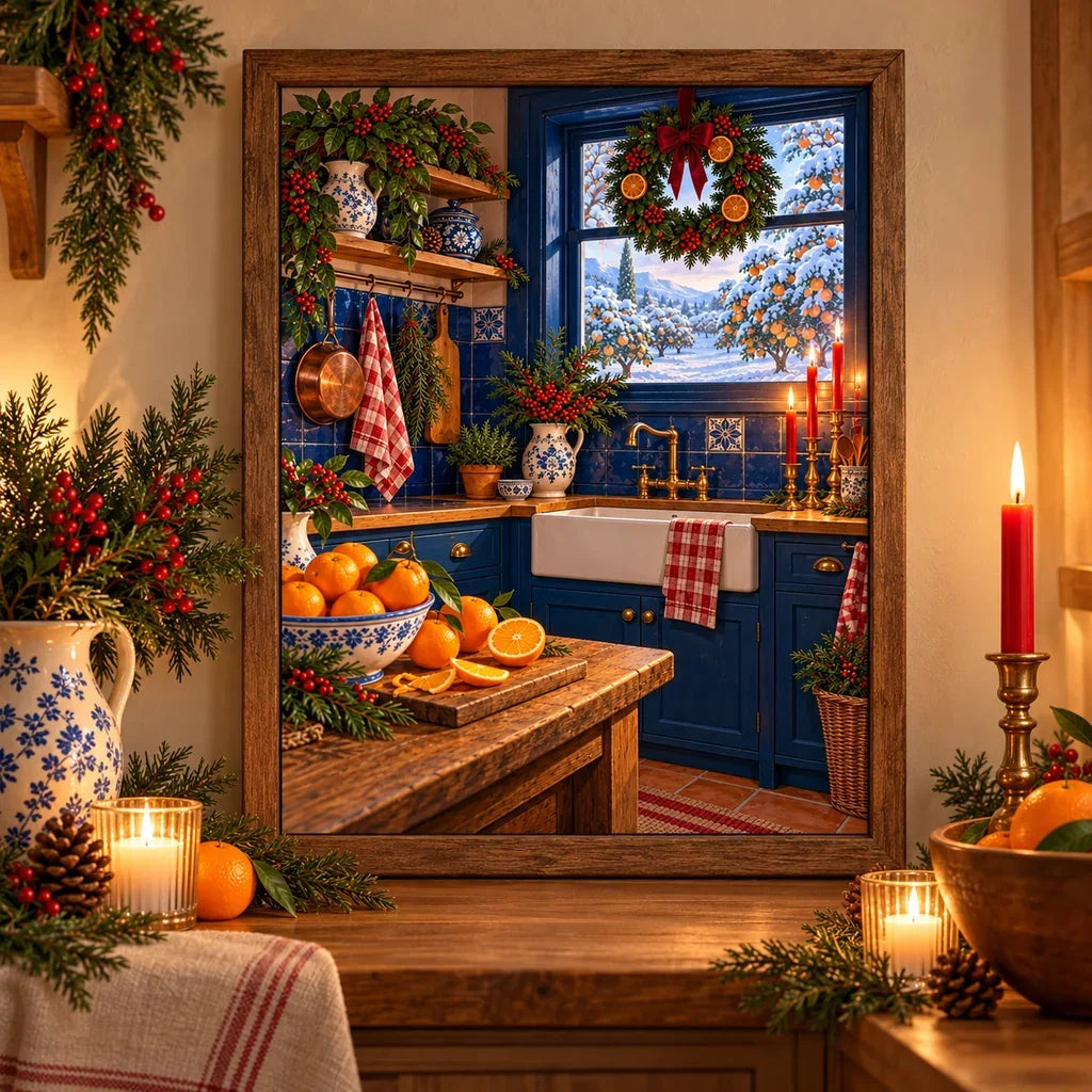 Framed and no-frame comparison for the blue-tile Christmas kitchen diamond painting
