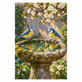 Original artwork of two blue tits at a stone birdbath beneath white spring blossoms