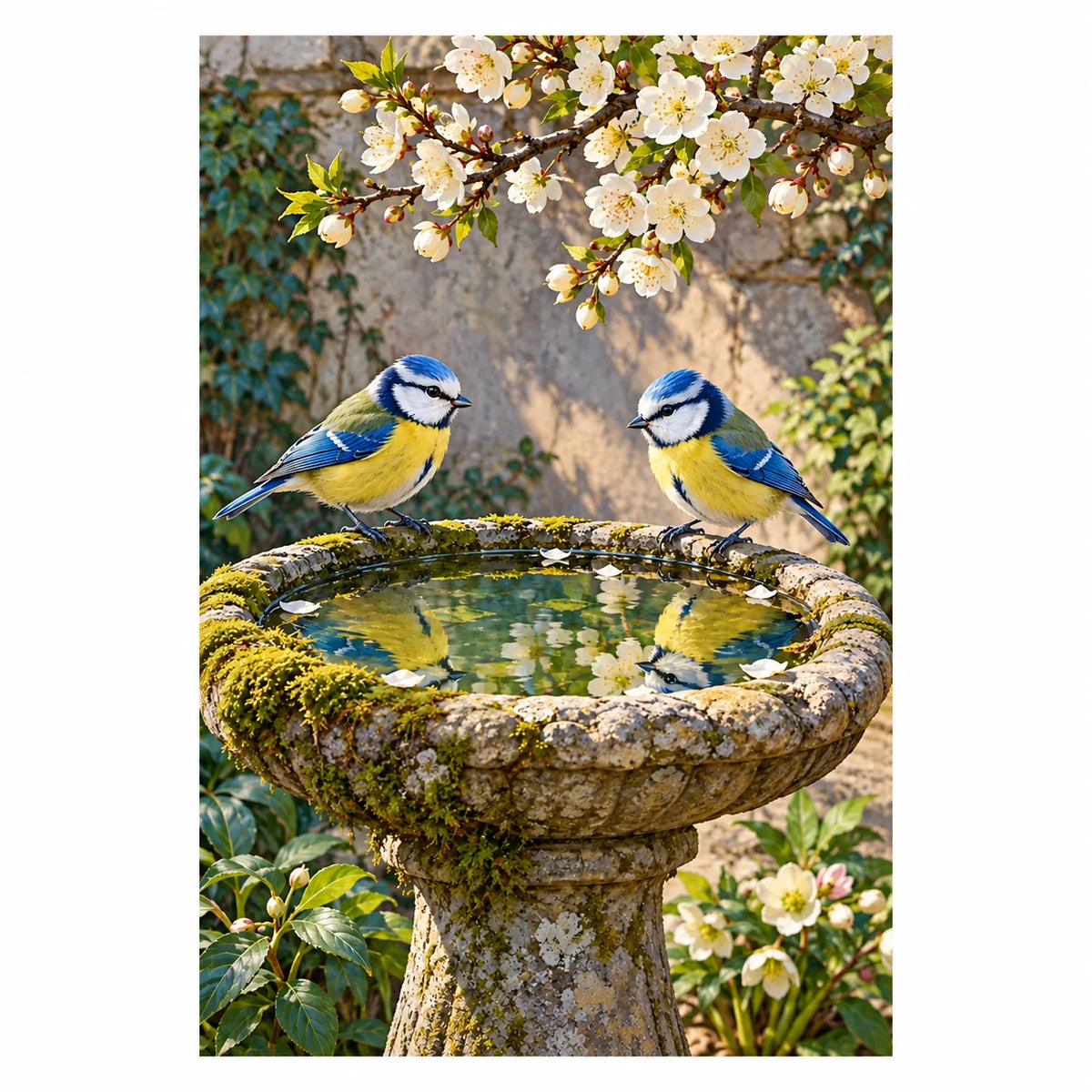Original artwork of two blue tits at a stone birdbath beneath white spring blossoms